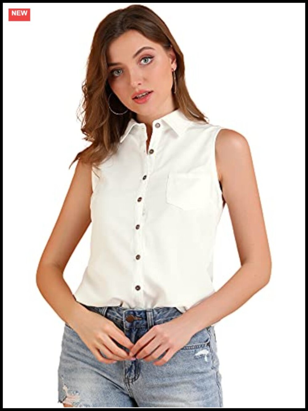 Sleeveless Button Down Shirt Chambray V Neck Collared Dressy Top